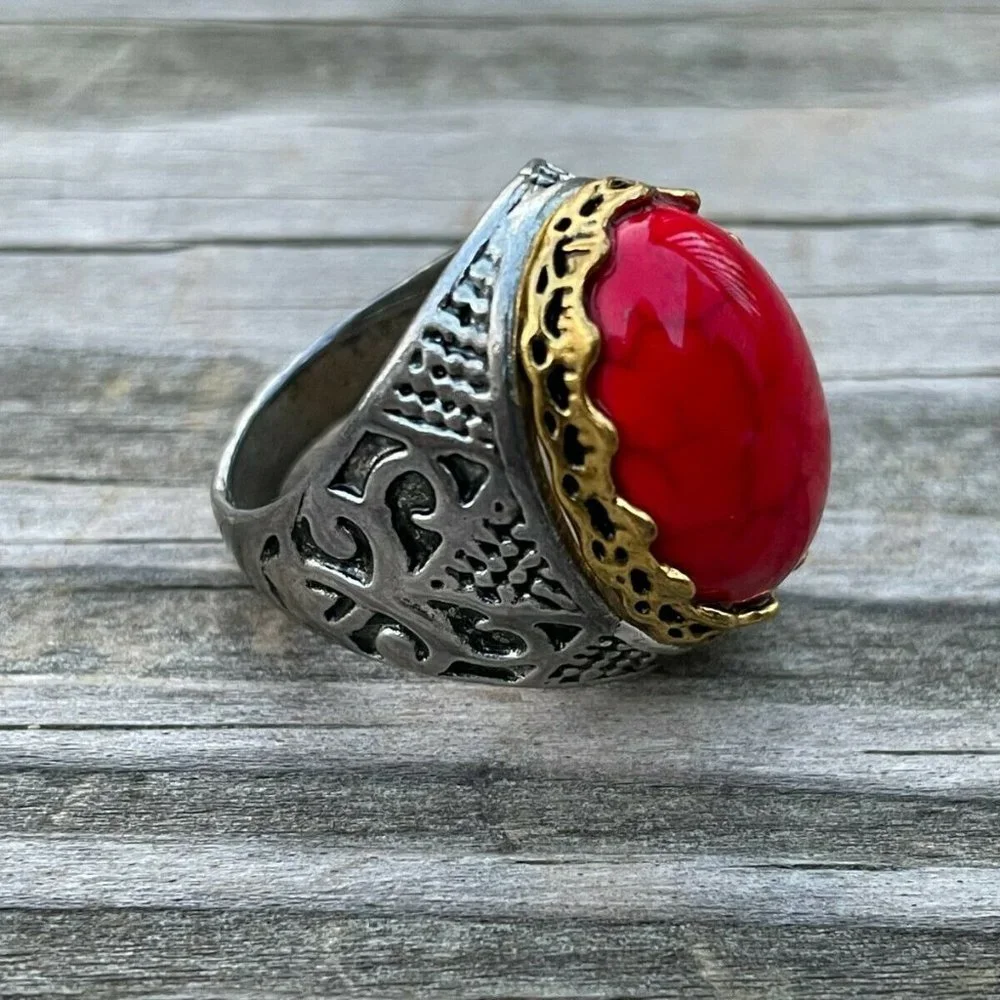Men Rings Faux Red Stone SilverGold Rings Men Fashion Jewelry Size 8